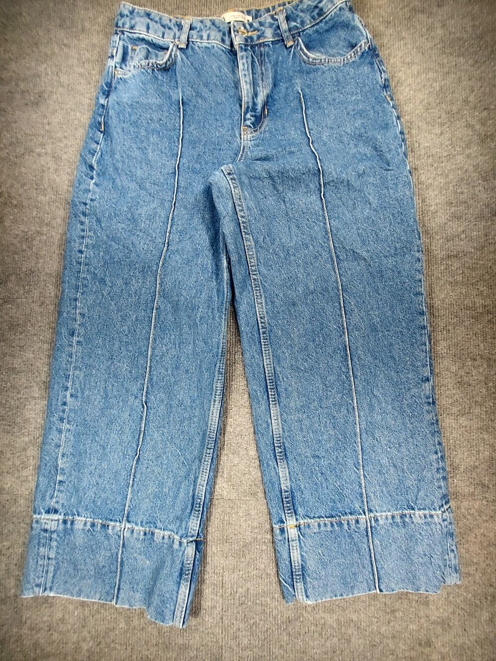 ZARA Women's High Rise Wide Leg Front Seam Cuffed Denim Jeans Blue Size 6 / 38
